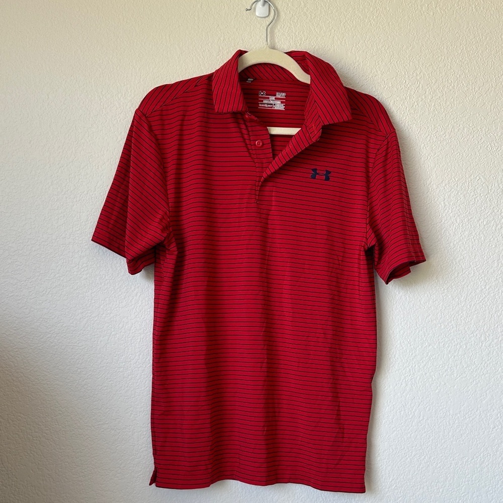 Under Armour Men's Striped Red Polo Shirt Sz Small Loose